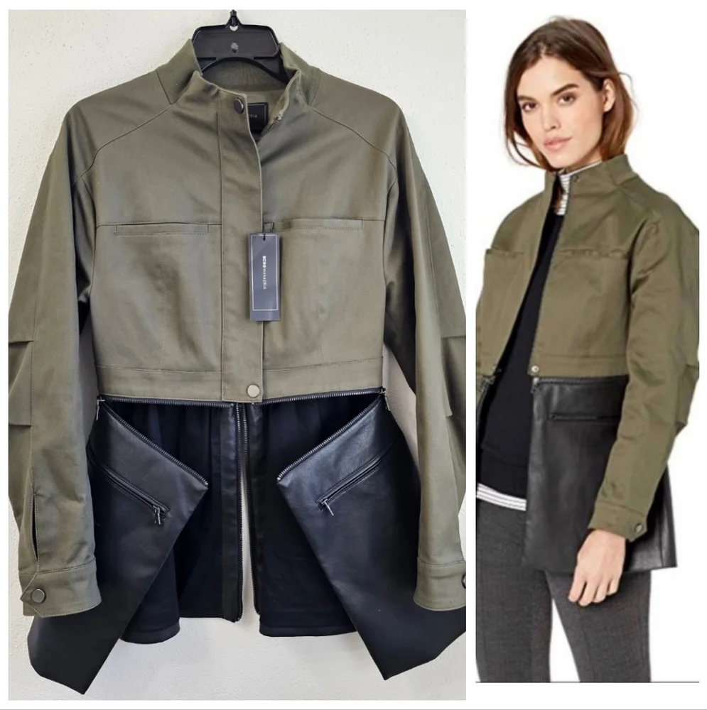 BCBGMAXAZRIA Military Jacket Faux-Leather-Peplum Olive Drab  Size XS